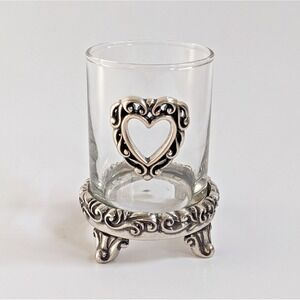 Vintage Brighton Silver Tone Filigree Heart Votive Tealight Candle Holder Glass